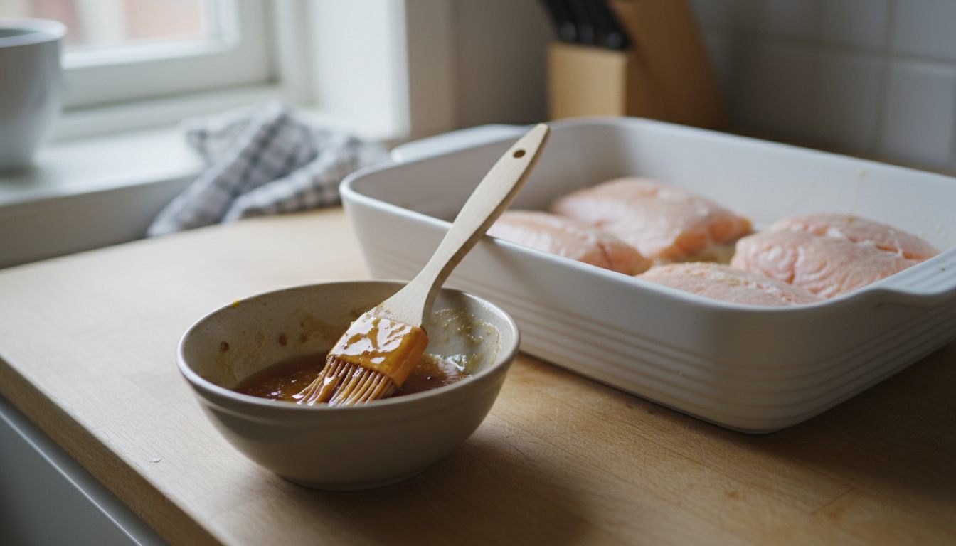 Skål med honningglasur og pensel ved siden af et ovnfad med uglaserede laksestykker
